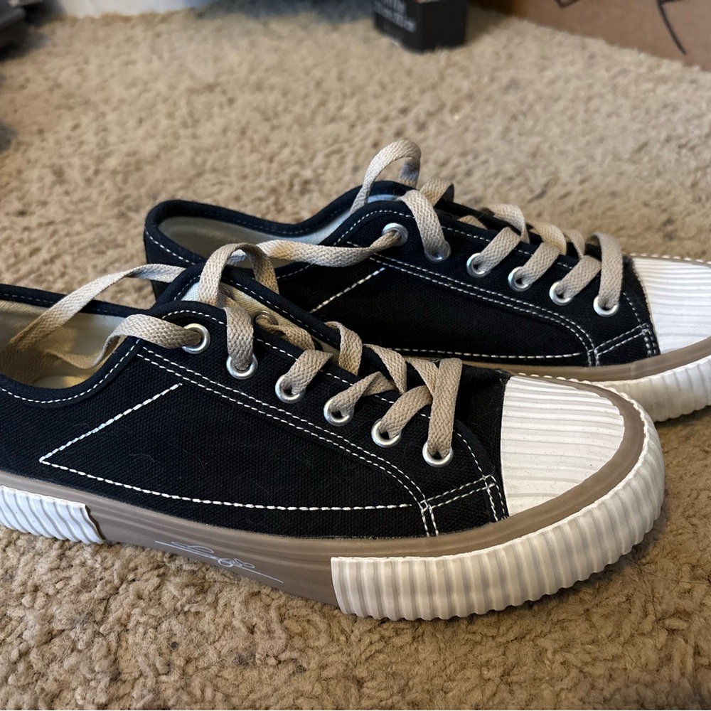 Black Canvas Sneakers with White and Tan Accents